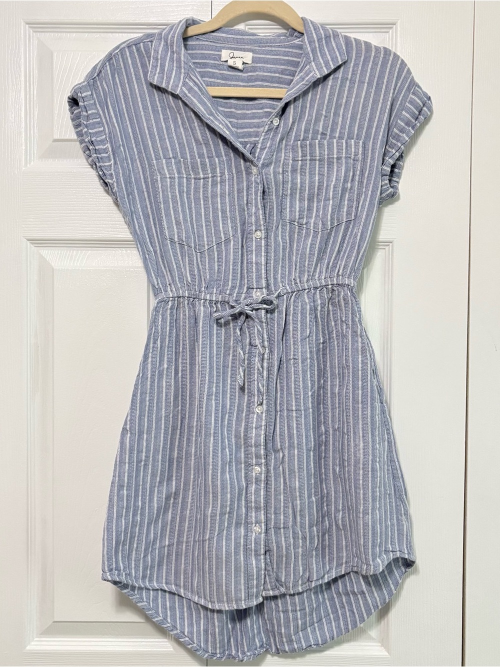 Japna blue striped short sleeve cinched waist shirt dress beach coastal sz small